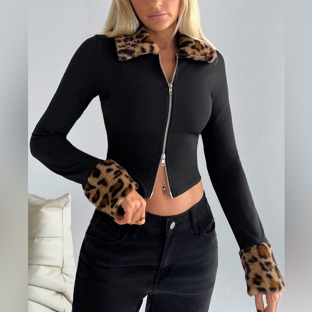 Faux Fur Leopard Zip Top